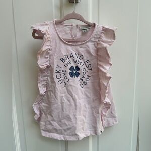 Lucky Brand 3T Girls Pink Short Sleeve Blouse with Shamrock and Ruffle Design